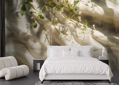 Floral sunlight shadows on a neutral beige cloth, aesthetic minimalist natural background with copy space Wall mural