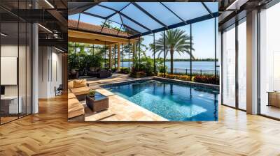 Florida luxury mansion lanai patio on the waterfront with screened in pool, exterior home design Wall mural