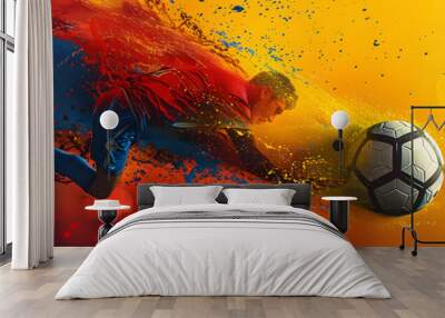 Flying soccer, the background is red, yellow and blue three colors, clear picture Wall mural