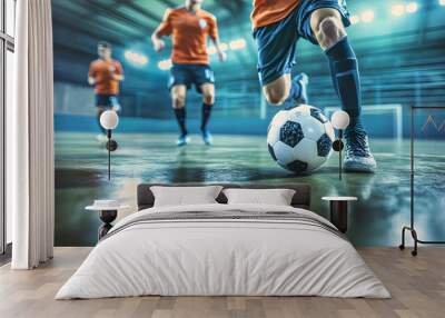 Football futsal player, ball, futsal floor. Sports background. Indoor soccer sports hall. Youth futsal league. Indoor football players and soccer ball. Generative ai. Wall mural