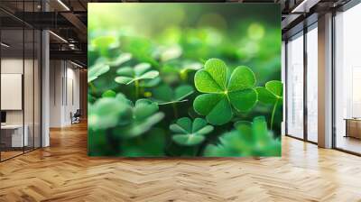 four leaf green clover for good luck on st patrick s day bright green background holiday concept of spring plant clover symbol generative ai Wall mural