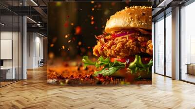 fresh crispy fried chicken burger sandwich with flying ingredients and spices 
hot ready to serve and eat food commercial advertisement menu banner with copy space area Wall mural