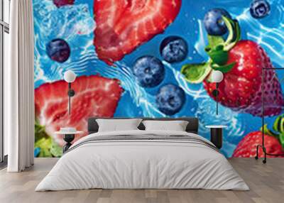 Fresh cut strawberries and blueberries fresh vibrant colorful fruit summer refreshment, juicy ripe healthy nutrition, cool water natural organic berries Wall mural