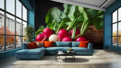 Fresh Radishes with Green Leaves Wall mural