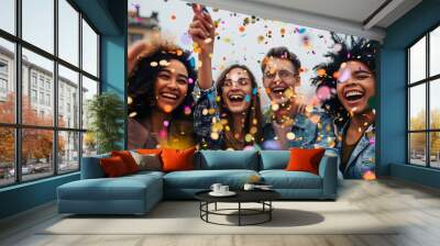 Friends celebrating with confetti outdoors Wall mural