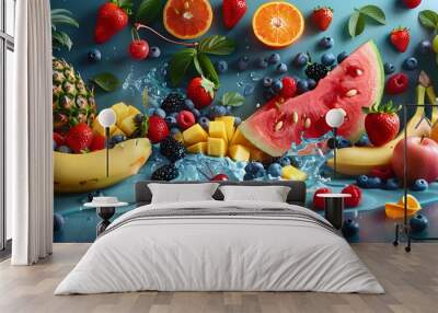 Fruits and mixed berries. Tropical fruits and mixed berries with juice. Watermelon, banana, pineapple, strawberry, orange, mango, blueberry, cherry, raspberry, papaya. Wall mural