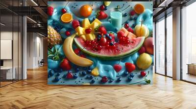 Fruits and mixed berries. Tropical fruits and mixed berries with juice. Wall mural