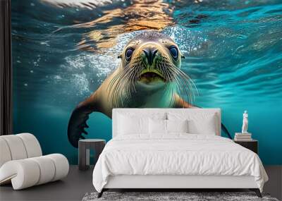 fun sea lion swimming underwater in the ocean Wall mural