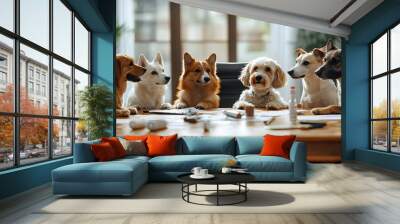 Funny dogs with teamwork meeting. Business dogs in office workplace. Wall mural