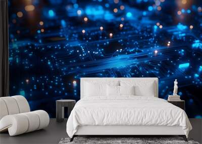 Futuristic blue circuit board design illustrating quantum computer technologies with flowing waves, emphasizing minimalist aesthetics and advanced tech concepts Wall mural