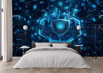 Futuristic blue cyber security concept with a shield symbol centered on a digital interface. AI Wall mural