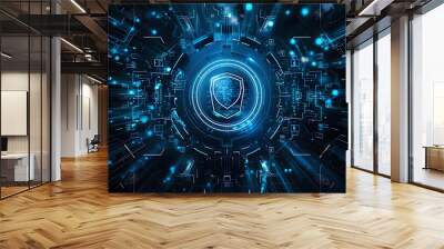 Futuristic blue cyber security concept with a shield symbol centered on a digital interface. Wall mural