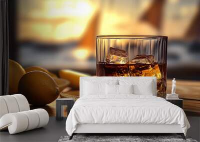 glass of rum or whiskey over table with lemons. Wall mural