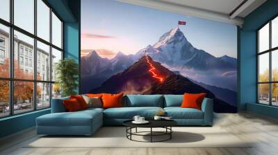 Glowing path leading to success concept with flag on peak of mountain Wall mural