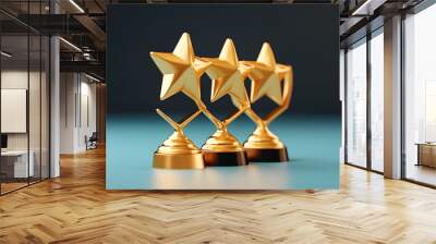 Gold five star rating trophy success award symbol on achievement 3d background of best customer feedback review winner prize or golden victory premium quality ranking rate and excellent satisfaction. Wall mural