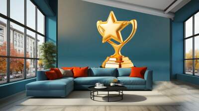 Gold five star rating trophy success award symbol on achievement 3d background of best customer feedback review winner prize or golden victory premium quality ranking rate and excellent satisfaction. Wall mural