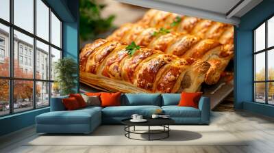 Golden Puff pastry stuffed with sausage and cheese Wall mural