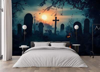 graveyard silhouette halloween Abstract Background. Wall mural