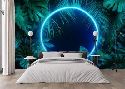 Green and blue glowing neon ring with exotic palm tree foliage on black. Vibrant backdrop for advertising summer vacation, travel agency, beach resort or swimming pool party invitation with copyspace Wall mural