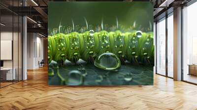 green caterpillar crawling across a dark green glossy leaf Wall mural