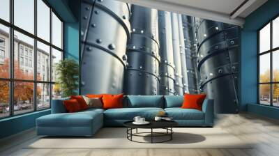 grey wallpaper full of technical tubes and silos Wall mural