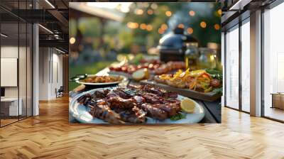 Grilled foods on a table outdoors Wall mural