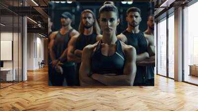 Group of athletic men and women stand together in the background of a gym  Wall mural