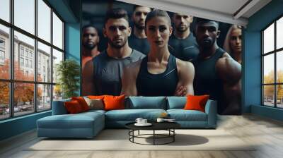 Group of athletic men and women stand together in the background of a gym Wall mural