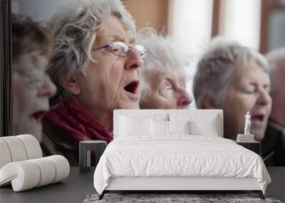 Group of elderly individuals singing in a choir, showcasing the unifying power of music in social activities Wall mural