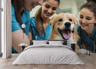 Group of Veterinarians examines the dog at the clinic.  Wall mural