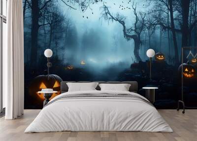 halloween haunted forest spooky illustration horror fear scary landscape mist mystery halloween haunted forest spooky Wall mural