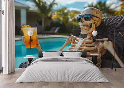 Halloween skeleton with a drink and sunglasses lounging by pool, tropical, exterior home decor, copyspace Wall mural