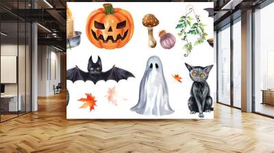 Halloween symbol single element set. Hand drawn autumn festive halloween collection. Watercolor toad, garland illustration. Scary Jack head pumpkin, black cat, bat, ghost, broom white background Wall mural