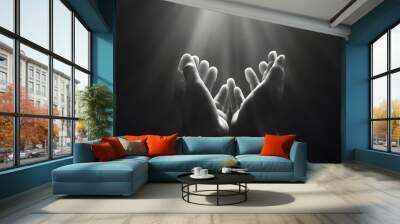 Hand prayer god faith holy worship on hope religion background of believe church pray jesus christian religious grace black white concept or love spiritual bible peace and spirit trust blessed light. Wall mural