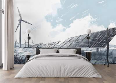 Handdrawn sketch of solar panels and wind turbines representing alternative energy sources in a vector illustration design Wall mural