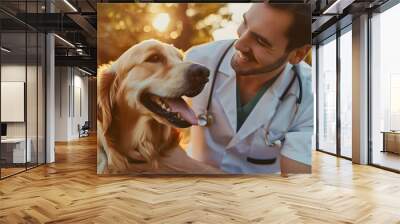 handsome young man, smiling male veterinarian petting the happy golden retriever dog after the profe Wall mural