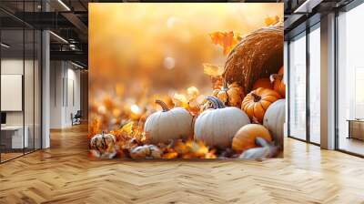 Harvest cornucopia overflowing with pumpkins amidst autumn leaves and warm sunlight Wall mural