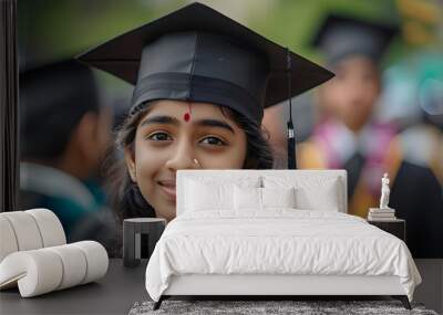 Hindu student girl in a black graduation gown and cap with other graduates in the background  Wall mural