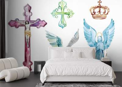 Holy Trinity symbols. Cross, crown and dove of Holy Spirit. Watercolor christian symbols against white background. Vector illustration. Wall mural