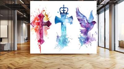 Holy Trinity symbols. Cross, crown and dove of Holy Spirit. Watercolor christian symbols against white background. Vector illustration. Wall mural