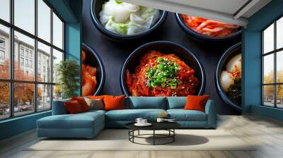 Homemade Korean side dishes like small portions of kimchi featured in a copy space image Wall mural