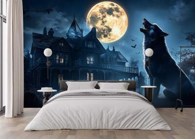 Howling werewolf under full moon in front of haunted house, werewolf, full moon, howling, haunted house, spooky Wall mural