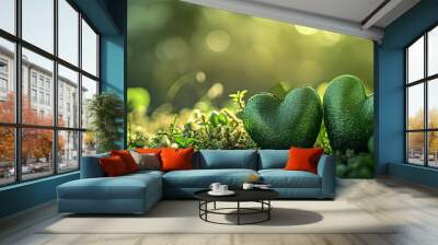 https://s.mj.run/QYMr0Ssv1mo Two green hearts on the nature background. Copy space. Happy Valentine's Day banner. Wall mural