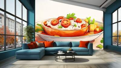 Illustration of Delicious Food on a Plate, Yummy Food Concept Wall mural