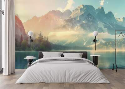 impressive summer sunrise on eibsee lake with zugspitze mountain range sunny outdoor scene in german alps bavaria germany europe beauty of nature concept background Wall mural