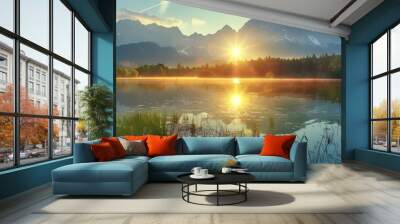 impressive summer sunrise on eibsee lake with zugspitze mountain range sunny outdoor scene in german alps bavaria germany europe beauty of nature concept background Wall mural