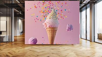 Infographic design of ice cream with colorful sprinkles. Minimal summer background. Food deconstructed food styling concept. Wall mural