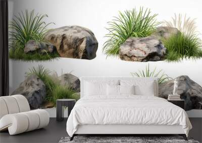 Isolate various rock and grass composition landscape on transparent backgrounds 3d render png Wall mural