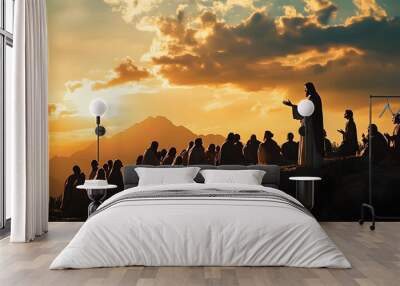 jesus christ preaching to the crowd on a mountaintop spiritual silhouette art Wall mural