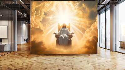 Jesus on a throne in heaven with bright light behind Wall mural